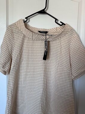 Allegra K Beige and White Gingham Short Sleeve Blouse